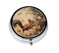 JKDGOJ Squirrel Chasing Butterflies Pattern Round Mini Pill Box with 3 compartments for Pill Storage and Portable Travel
