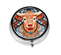 JKDGOJ Sturdy Cattle Pattern Round Mini Pill Box with 3 compartments for Pill Storage and Portable Travel
