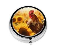 JKDGOJ Sunflowers and Chickens Pattern Round Mini Pill Box with 3 compartments for Pill Storage and Portable Travel