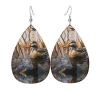 JKDGOJ Swimming Mallard Ducks Pattern Water droplet pendant earrings and leather earrings, suitable as holiday birthday gifts for women