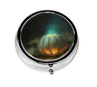 JKDGOJ The Glow of The Pumpkin lamp Pattern Round Mini Pill Box with 3 compartments for Pill Storage and Portable Travel