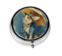JKDGOJ The Little Dog with an Umbrella Pattern Round Mini Pill Box with 3 compartments for Pill Storage and Portable Travel