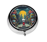 JKDGOJ The Mechanical City with red Figures Pattern Round Mini Pill Box with 3 compartments for Pill Storage and Portable Travel