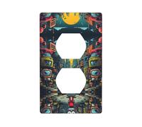JKDGOJ The mechanical city with red figures Prints Dual socket wall panel household power cover durable for decorative sockets and switches