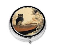 JKDGOJ The owl on The Small Boat Pattern Round Mini Pill Box with 3 compartments for Pill Storage and Portable Travel