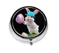 JKDGOJ The Rabbit Holding an Easter Egg Pattern Round Mini Pill Box with 3 compartments for Pill Storage and Portable Travel