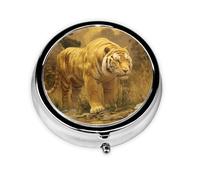 JKDGOJ The Tiger on The Riverbank Pattern Round Mini Pill Box with 3 compartments for Pill Storage and Portable Travel