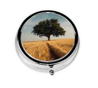 JKDGOJ The Tree in The Wheat Field Pattern Round Mini Pill Box with 3 compartments for Pill Storage and Portable Travel