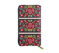 JKDGOJ Ukrainian Embroidery Style Rose Prints Women's leather long handheld wallet large capacity credit card zipper bag