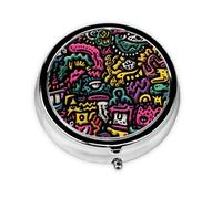 JKDGOJ Wacky Graffiti Pattern Round Mini Pill Box with 3 compartments for Pill Storage and Portable Travel