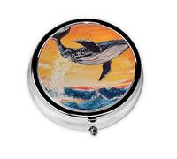 JKDGOJ Whale Jumping Over The Waves Pattern Round Mini Pill Box with 3 compartments for Pill Storage and Portable Travel