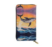 JKDGOJ Whale jumping over the waves Prints Women's leather long handheld wallet large capacity credit card zipper bag