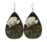 JKDGOJ White roses with thorns Pattern Water droplet pendant earrings and leather earrings, suitable as holiday birthday gifts for women