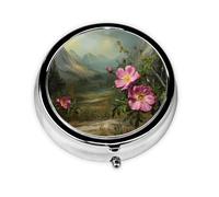 JKDGOJ Wild Roses in The Valley Pattern Round Mini Pill Box with 3 compartments for Pill Storage and Portable Travel