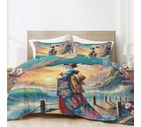 Jkepztyl Japanese Geisha king Size Duvet Cover Sets, Japan Woman Bedding Set, Asian Landscape Quilt Cover, Soft Comforter Cover 230x220 cm 3 Piece with Zipper Closure and 2 Pillowcase