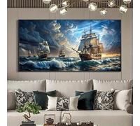JKEVCBIAX Abstract Seascape Artwork- Blue Sailboat Sunset Canvas Wall Art Modern Nautical Suitable for Living Room, Bedroom or Hallway(60x120cm/No frame)