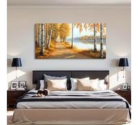 JKEVCBIAX Autumn Lake & Birch Trees Canvas Wall Art - Large Fall Forest Pathway Print with Bedroom or Office Bedroom Wall Decor(50x100cm/No frame)