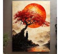JKEVCBIAX Beautiful Japanese Maple Tree- Minimalist Full Moon & Abstract Mountain Landscape Canvas Print of Asian Nature Art(50x75cm/No frame)