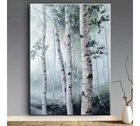 JKEVCBIAX Birch Tree Forest Canvas Wall Art-Large White Trunk with White & Grey Bark,Misty Green Foliage Modern Scandinavian Painting(70x100cm/No frame)