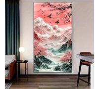 JKEVCBIAX Cherry Blossom Canvas Wall Art-Modern Abstract Vibrant Pink Sakura Snowy Peaks& Birds Design, Large Home Room Artwork(50x75cm/No frame)