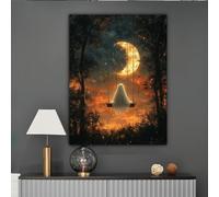JKEVCBIAX Dreamy on Swing Canvas Wall Art,Surreal Spooky Print with Crescent Moon Clouds,Tree Life and Moon Landscape Canvas Wall Art(60x80cm/No frame)