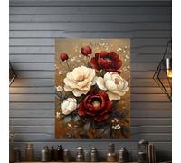 JKEVCBIAX Elegant Burgundy Roses & Cream Peonies Wall Art-Minimalist Golden Botanical Wrapped Canvas High quality Decor Artistic Print(70x90cm/No frame)
