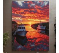JKEVCBIAX Featuring Boats Moored Beneath a Vibrant Orange Sunset, Modern Canvas Print Wall Art Minimalist Landscape Posters(60x90cm/No frame)