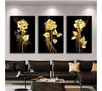 JKEVCBIAX Gold Rose Flower Black Canvas Paintings Nordic Modern Living Room Wall Art Decorative Pictures Wall Artwork Posters Prints 70x100cmx3 No frame