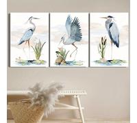 JKEVCBIAX Great Blue Heron And Canvas Posters- Lowering Touch The Aquatic Plants And Flowers The River Modern Minimalist Room Decor(30x40cmx3/NO frame)