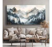 JKEVCBIAX Misty Mountains Canvas Wall Art - Serene Misty Peaks & Pine Trees Landscape, Contemporary Home Decor for Living(55x110cm/No frame)