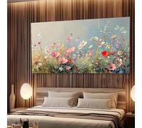 JKEVCBIAX Modern Abstract Floral Canvas Art -Vibrant Wildflower Meadow with Light Blue Background,Textured Wall Decor for Home & Office(90x180cm/No frame)