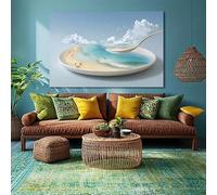 JKEVCBIAX Modern Beach Spoon Abstract Canvas- Painting Coastal Spoonful of Beachscape Art in Blue White,Minimalist Home Kitchen Artwork(50x100cm/No frame)