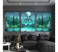 JKEVCBIAX Moonlit Castle and Forest Landscape, green black stripes botanical minimalist poster, home wall decoration art(20x30cmx3/NO frame)