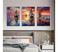 JKEVCBIAX Nautical Coastal Canvas Wall Art-Ocean Sunset Sailboats, Birds & Reflections, Contemporary & Traditional Style Living Room(30x40cmx3/NO frame)