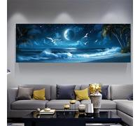 JKEVCBIAX Night Sky Canvas Art -with Full Moon, Stars, and Waves High quality Visual Effect Home Decoration(80x240cm/No frame)