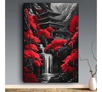 JKEVCBIAX Pagoda & Red Canvas Wall Art Print-Traditional Asian Landscape Waterfalls,Red Foliage Home Decor for Living Room(70x100cm/No frame)