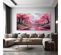 JKEVCBIAX Spring Cherry Blossom Canvas Art-Flowering Trees and Tranquil River Perfect for Modern Living Room or Bedroom Wall Decor(60x120cm/No frame)