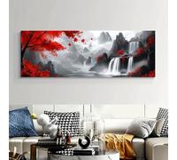 JKEVCBIAX Waterfalls in the Style Chinese Red Maple Canvas Art Featuring Mountains, Jungles, And Lake Views, Modern Canvas Art Print(55x165cm/No frame)