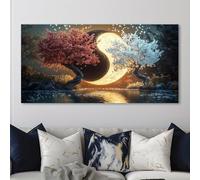 JKEVCBIAX Yin-Yang Trees Wall Art - Modern Abstract Canvas with Cherry Blossoms & Moon Reflection, Zen Home Artwork(50x100cm/No frame)