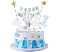 JKJF 1st Birthday Cake Topper Set - Boy's Happy Birthday Banner, Stars, Clouds, Hot Air Balloon & Number 1 - Blue