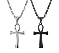 JKJF 2 Pcs Coptic Ankh Cross Pendant Chain Ancient Egyptian Religious Cross Pendant Cool Stainless Steel Pendant Goth Punk Rock Hip Hop Necklace for Men Boys - Black Silver