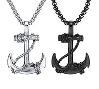 JKJF 2 Pcs Vintage Navy Nautical Pirate Chain Necklace - Cool Stainless Steel Pendant - Goth Punk Rock Hip Hop Necklace for Men Boys - Black Silver
