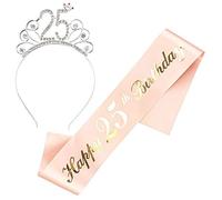 JKJF 25th Birthday Sash and Tiara Set Happy 25th Birthday Sash 25th Birthday Crystal Tiara Rhinestone Crown Headband for Ladies Women Birthday Gift Birthday Decoration Party Supplies - Rose Gold 2 pcs