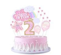 JKJF 2nd Birthday Cake Decoration Girl - Cake Topper Rainbow Clouds Happy Birthday Cake Decoration Stars Balloon Cake Toppers for Baby Children - Pink