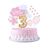 JKJF 3rd Birthday Cake Toppers - 15pcs (1 Rainbow Clouds, 1 Stars, 2 Balloons, 10 Mini Stars, 1 Number 3) - Pink & Pastel Colors - Perfect for Girls' Birthday & Baby Shower Parties