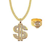 JKJF Dollar Sign Necklace Ring Set 80s 90s Hip Hop Necklace Rapper Gold Chain for Men Women Party Cosplay Supplies - Gold
