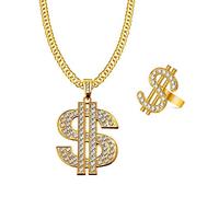 JKJF Dollar Sign Necklace Ring Set Hip Hop Dollar Necklace Rapper Gold Chain 80s 90s Costume Accessories for Men Women Cosplay Theme Party - Gold