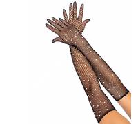 JKJF Women's Rhinestone Fishnet Long Gloves - Stretchy Opera Party Gloves, Sparkly Mesh Stockings for Wedding, Halloween, Cosplay, Tea Party, Banquet, Nightclub - Black
