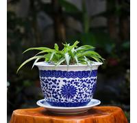 JKJZSALJ Chinoiserie Blue And White Porcelain Flowerpot Urn Planter Pottery With Tray Handcrafted Flower Pot Room Decor Jingdezhen Porcelain Decor Plants Bonsai Planter Pot Plant,F-34 * 2,G,34 * 23cm
