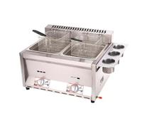 JKJZSALJ Commercial Deep Fat Fryer Stainless Steel Gas Double Tank with Lid,2x10L Capacity,Freestanding with Temperature Control Knob for Chips,French Fries,Meat Snacks